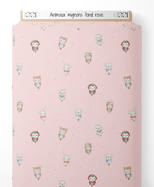 Tissu - Animaux mignons fond rose