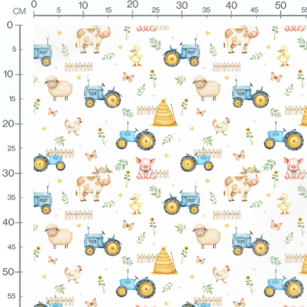 Tissu - Ferme colorée avec tracteurs bleus
