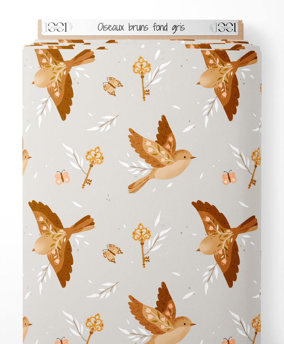 Tissu - Oiseaux bruns sur fond gris