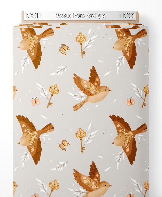 Tissu - Oiseaux bruns sur fond gris