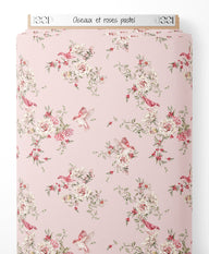 Tissu - Oiseaux et roses pastel