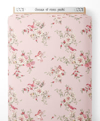 Tissu - Oiseaux et roses pastel