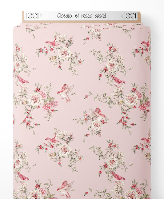 Tissu - Oiseaux et roses pastel
