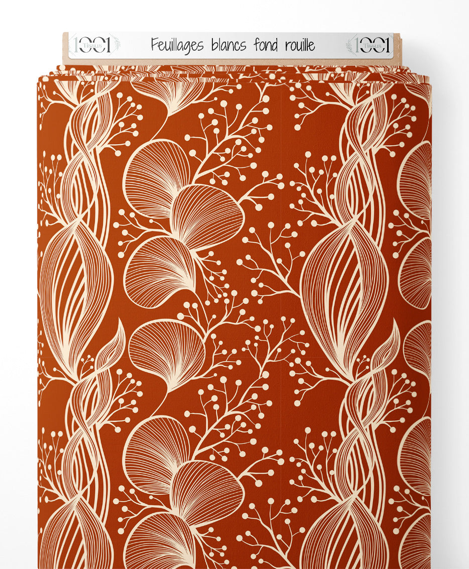 Tissu - Feuillages blancs sur fond rouille