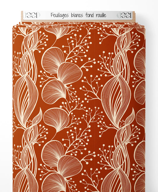 Tissu - Feuillages blancs sur fond rouille