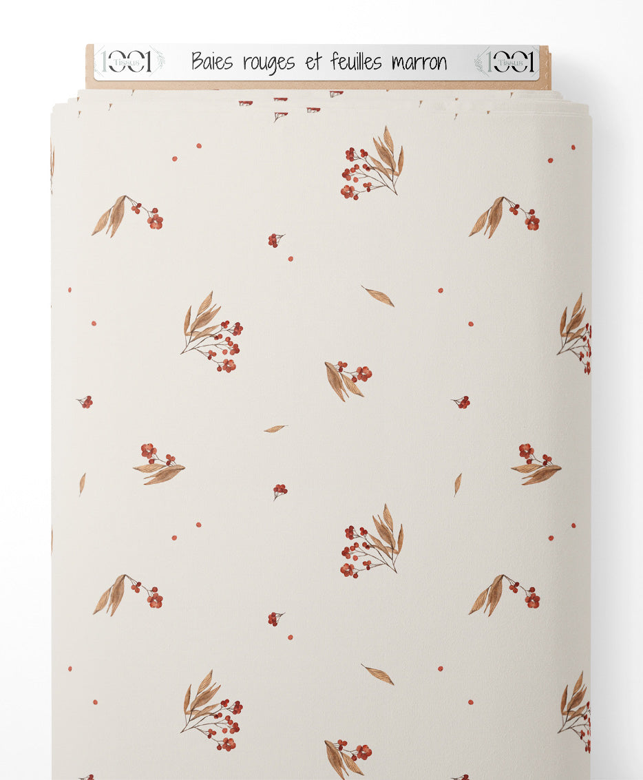 Tissu - Baies rouges et feuilles marron