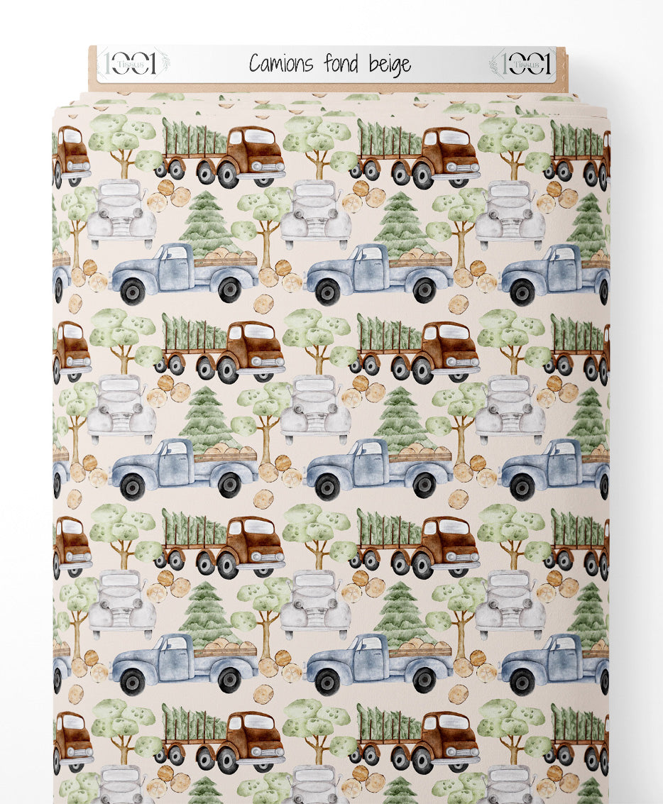 Tissu - Camions sur fond beige