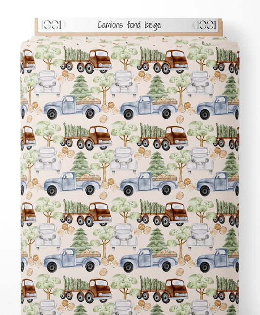 Tissu - Camions sur fond beige