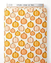 Tissu - Citrouilles orange sur blanc