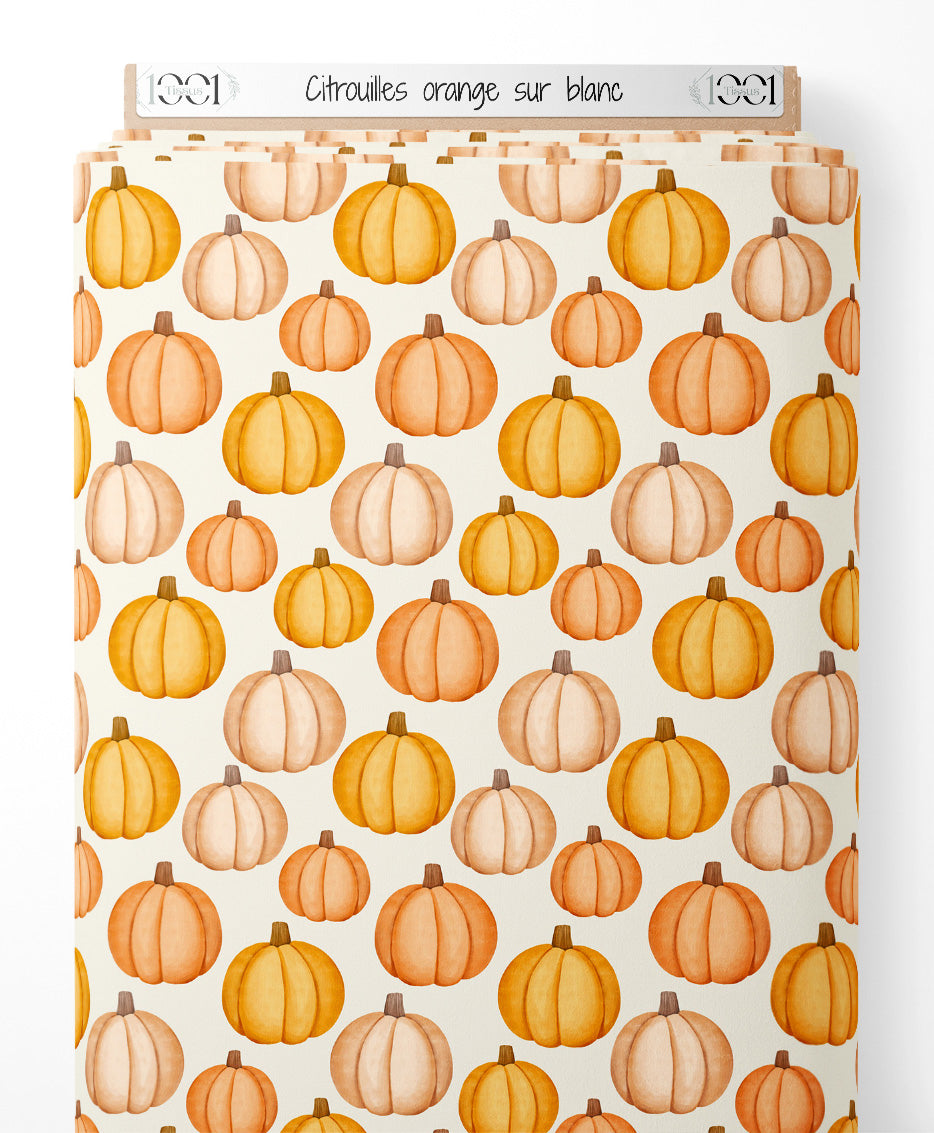 Tissu - Citrouilles orange sur blanc