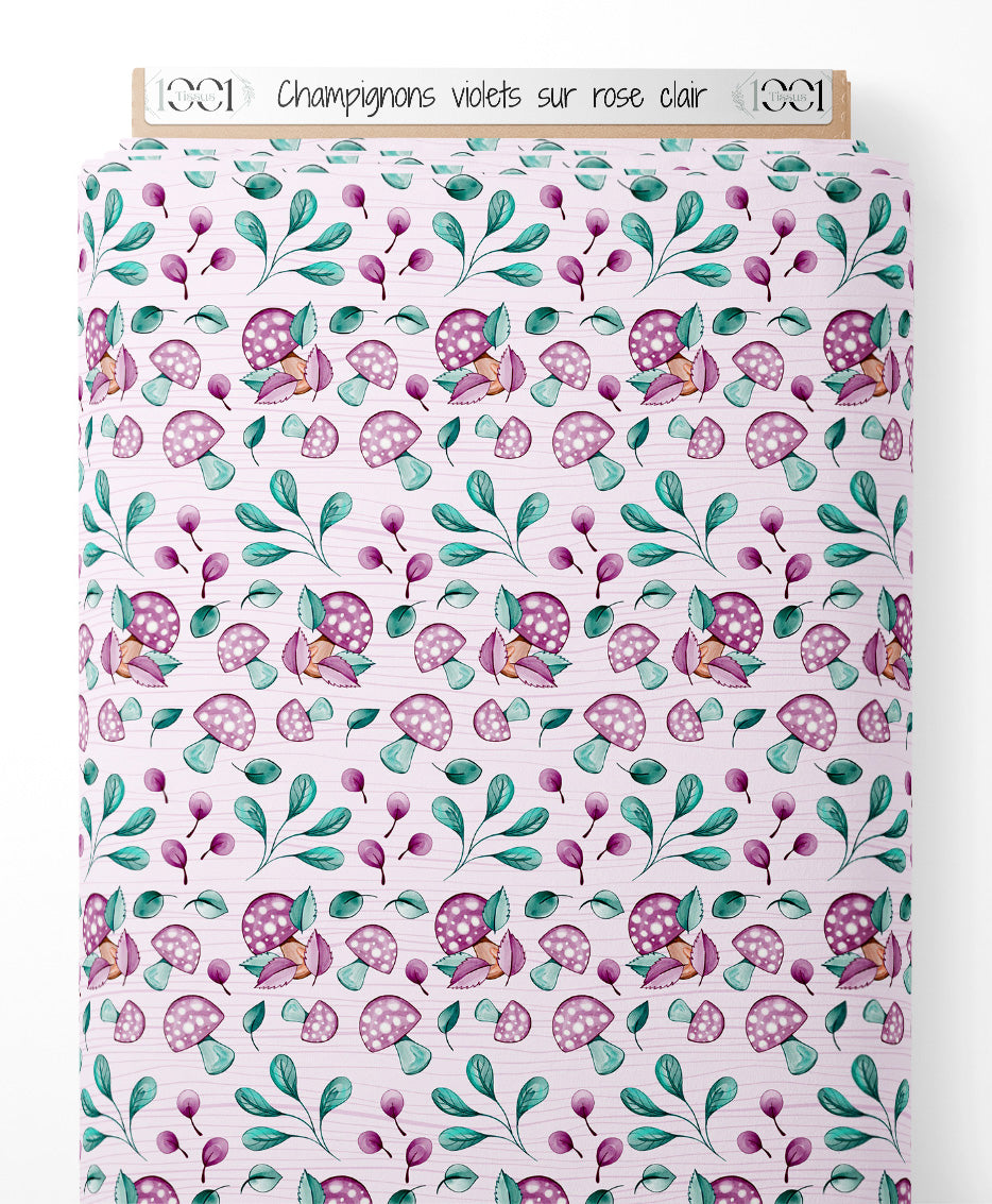 Tissu - Champignons violets sur rose clair