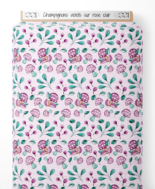 Tissu - Champignons violets sur rose clair