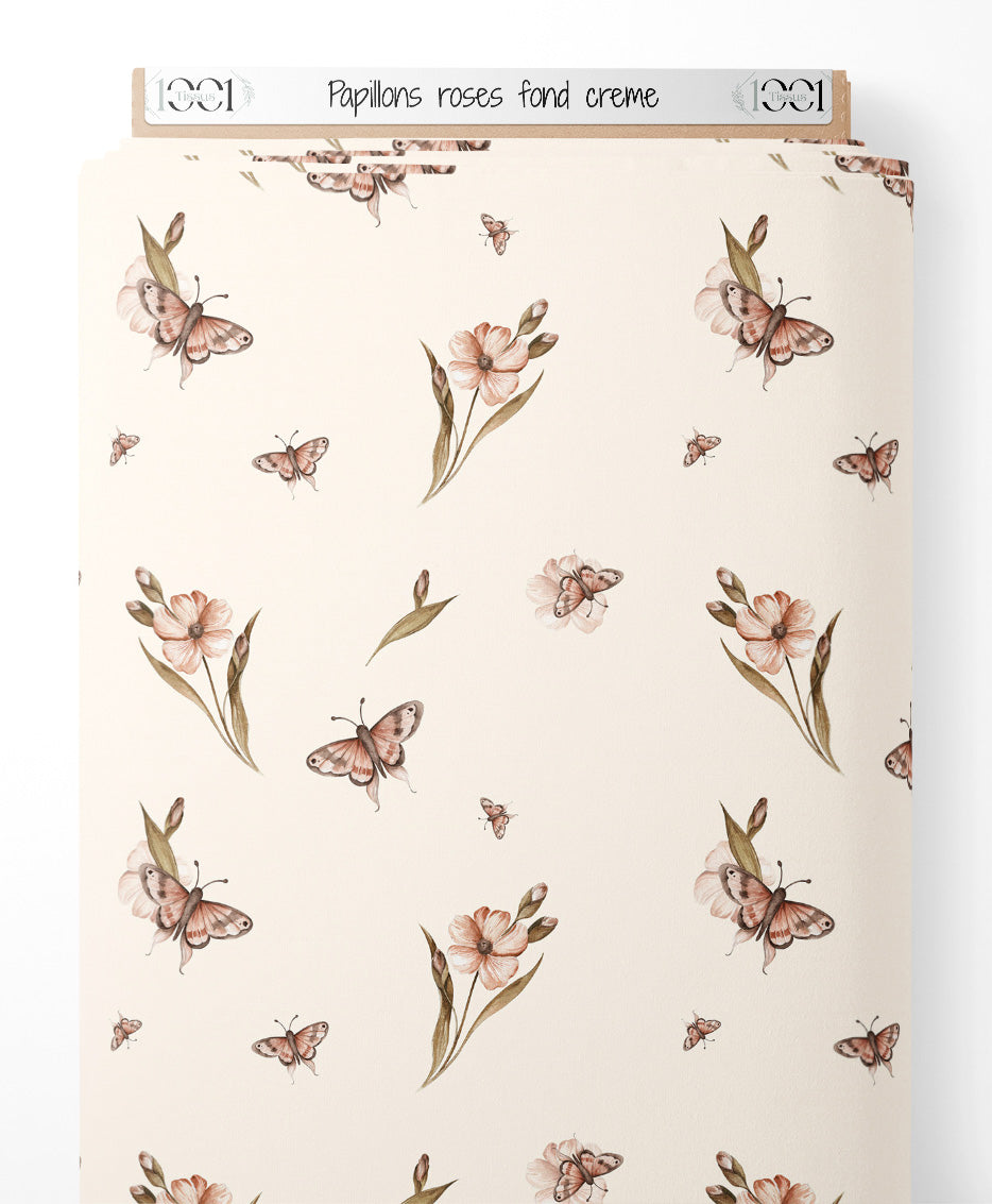 Tissu - Papillons roses sur fond crème