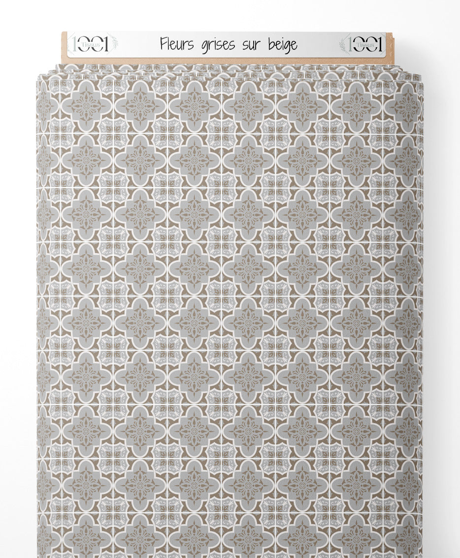 Tissu - Fleurs grises sur beige