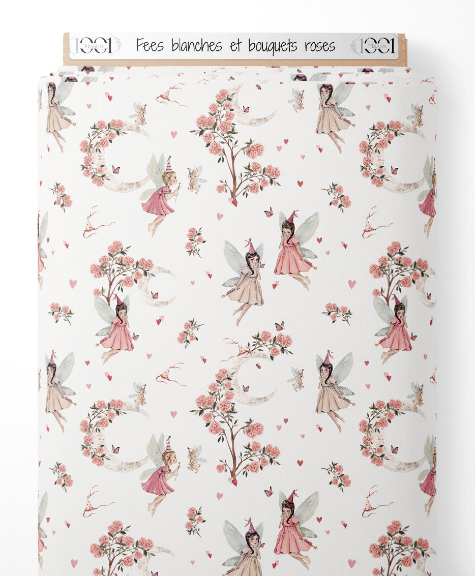 Tissu - Fées blanches et bouquets roses