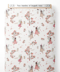 Tissu - Fées blanches et bouquets roses