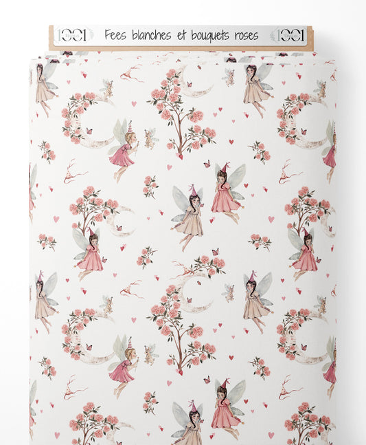 Tissu - Fées blanches et bouquets roses