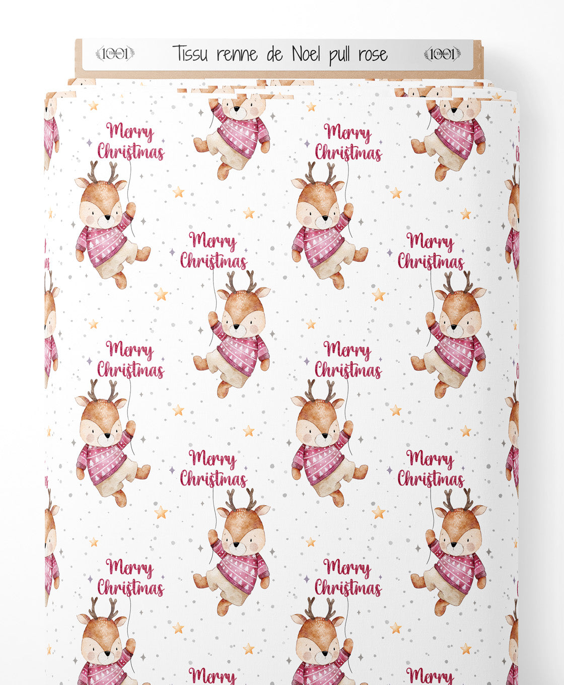 Tissu - renne de Noel pull rose