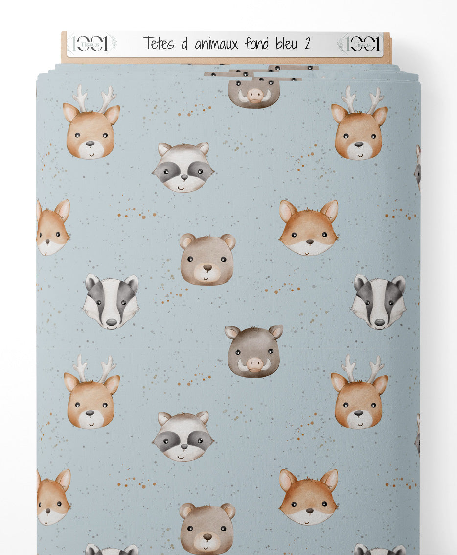 Tissu - Têtes d'animaux sur fond bleu 2