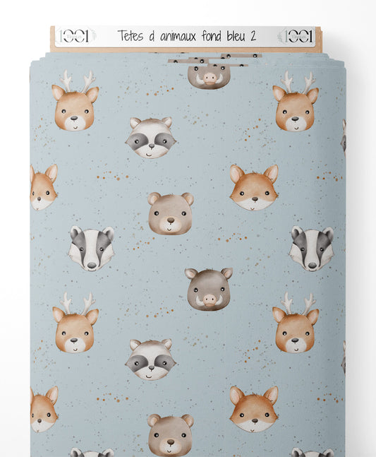 Tissu - Têtes d'animaux sur fond bleu 2