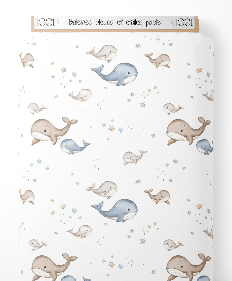 Tissu - Baleines bleues et étoiles pastel
