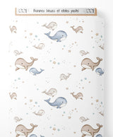 Tissu - Baleines bleues et étoiles pastel