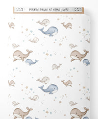 Tissu - Baleines bleues et étoiles pastel