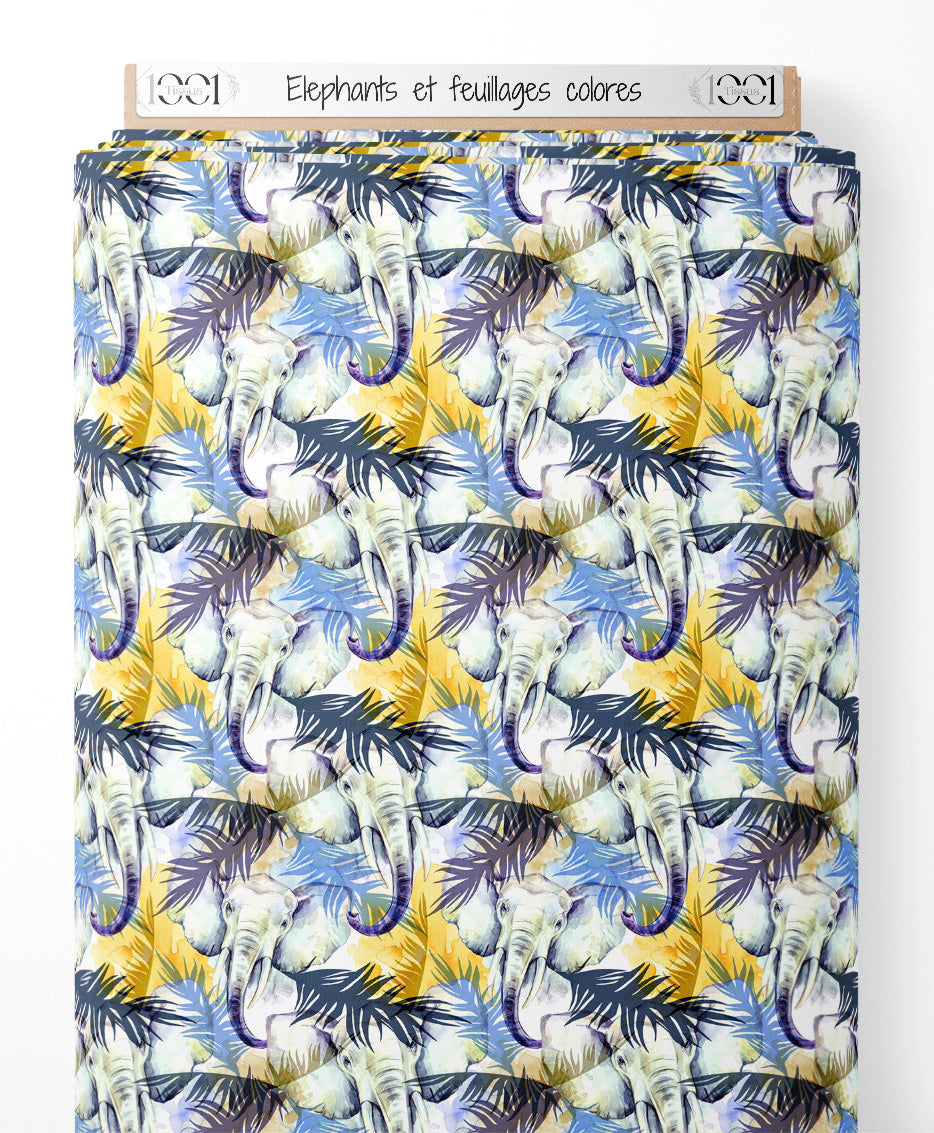 Tissu - Éléphants et feuillages colorés