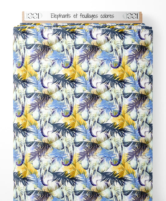 Tissu - Éléphants et feuillages colorés