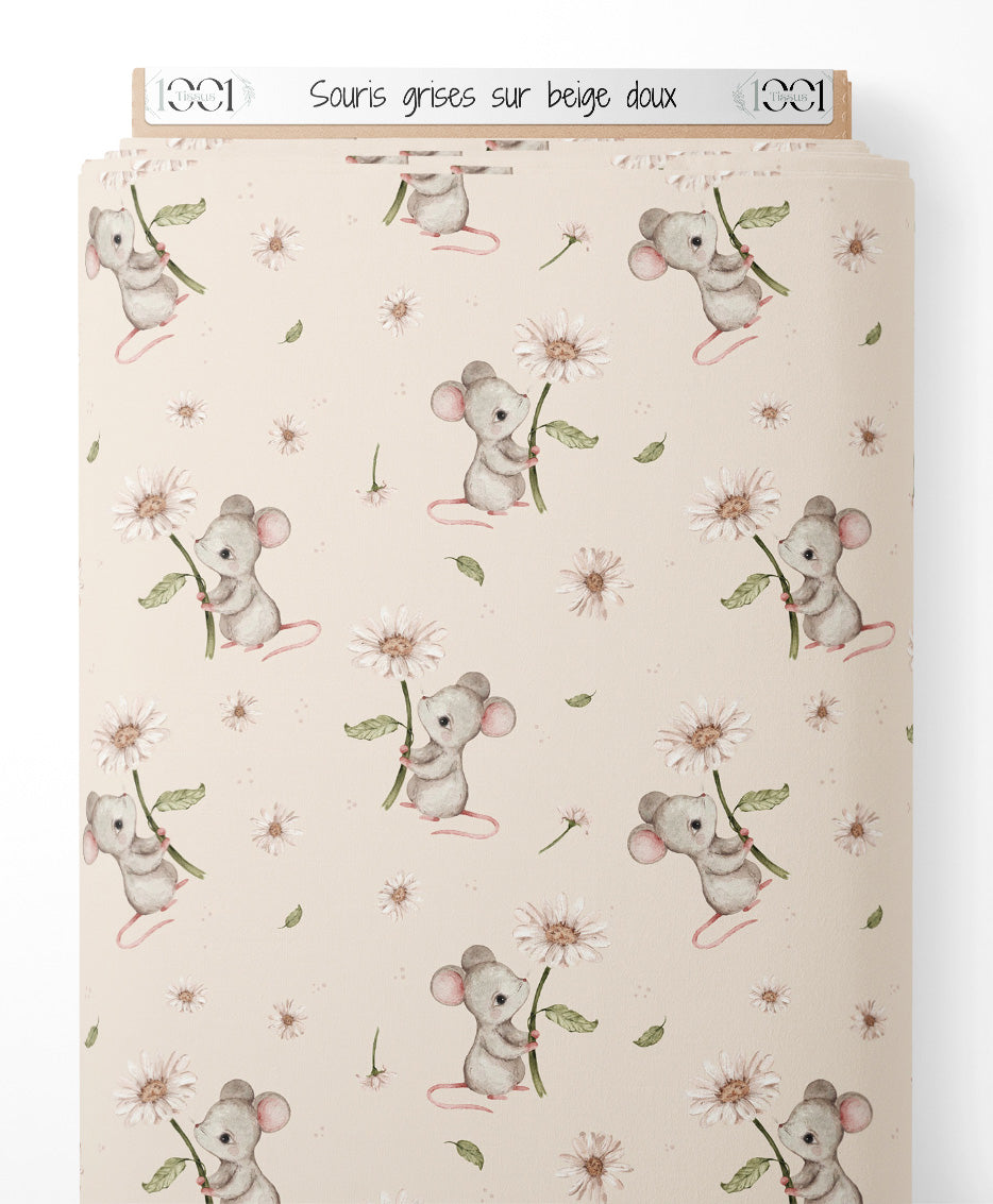 Tissu - Souris grises sur beige doux