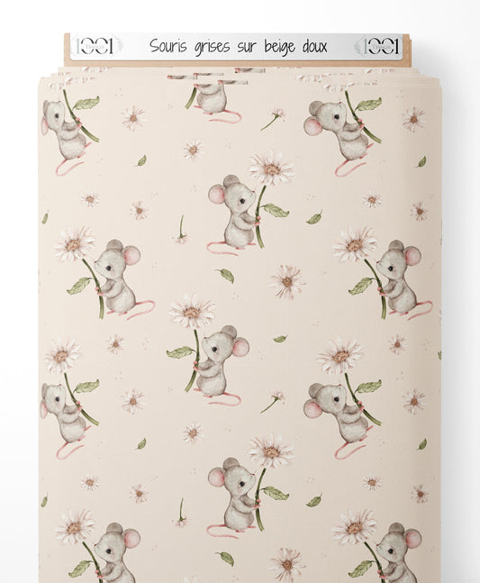 Tissu - Souris grises sur beige doux