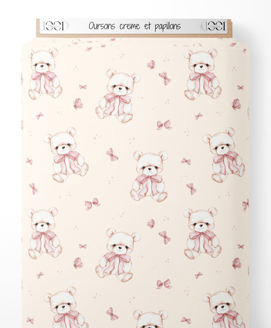 Tissu - Oursons crème et papillons