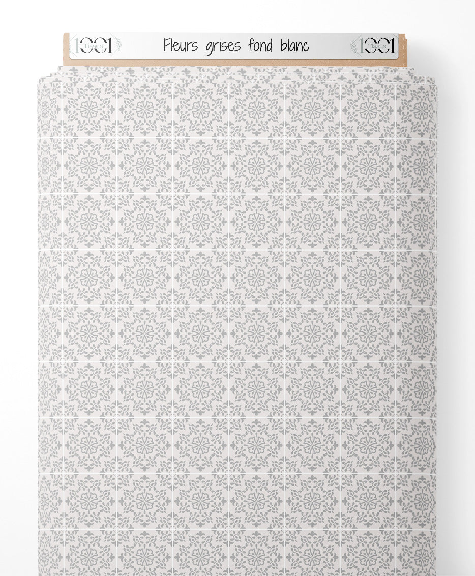 Tissu - Fleurs grises sur fond blanc
