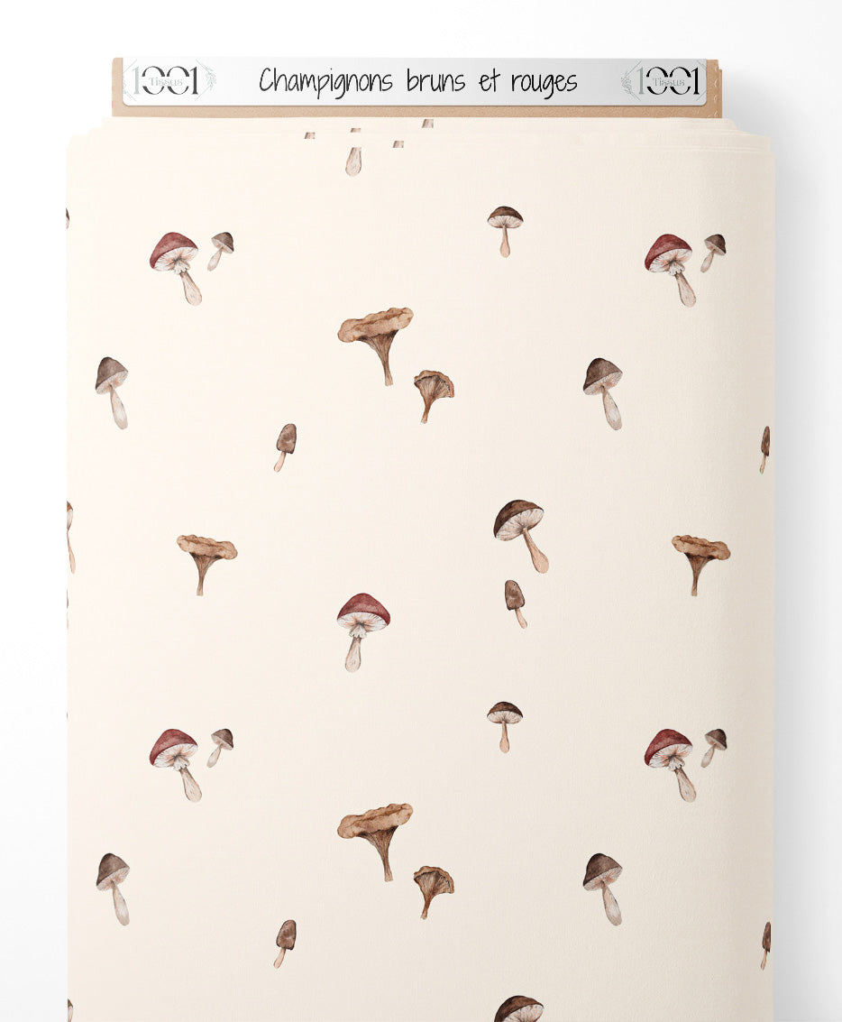 Tissu - Champignons bruns et rouges