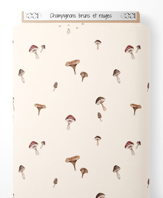 Tissu - Champignons bruns et rouges