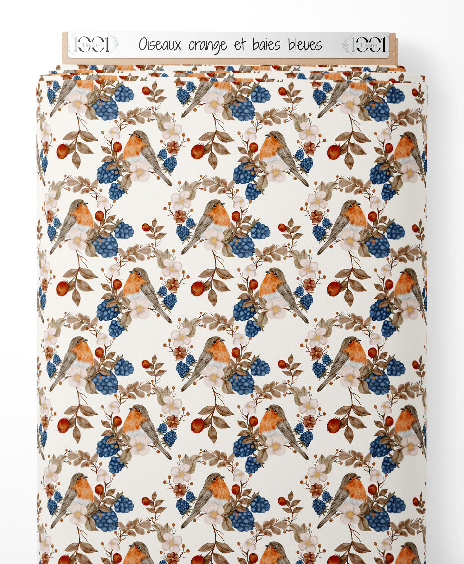 Tissu - Oiseaux orange et baies bleues