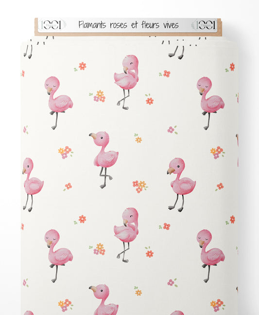 Tissu - Flamants roses et fleurs vives