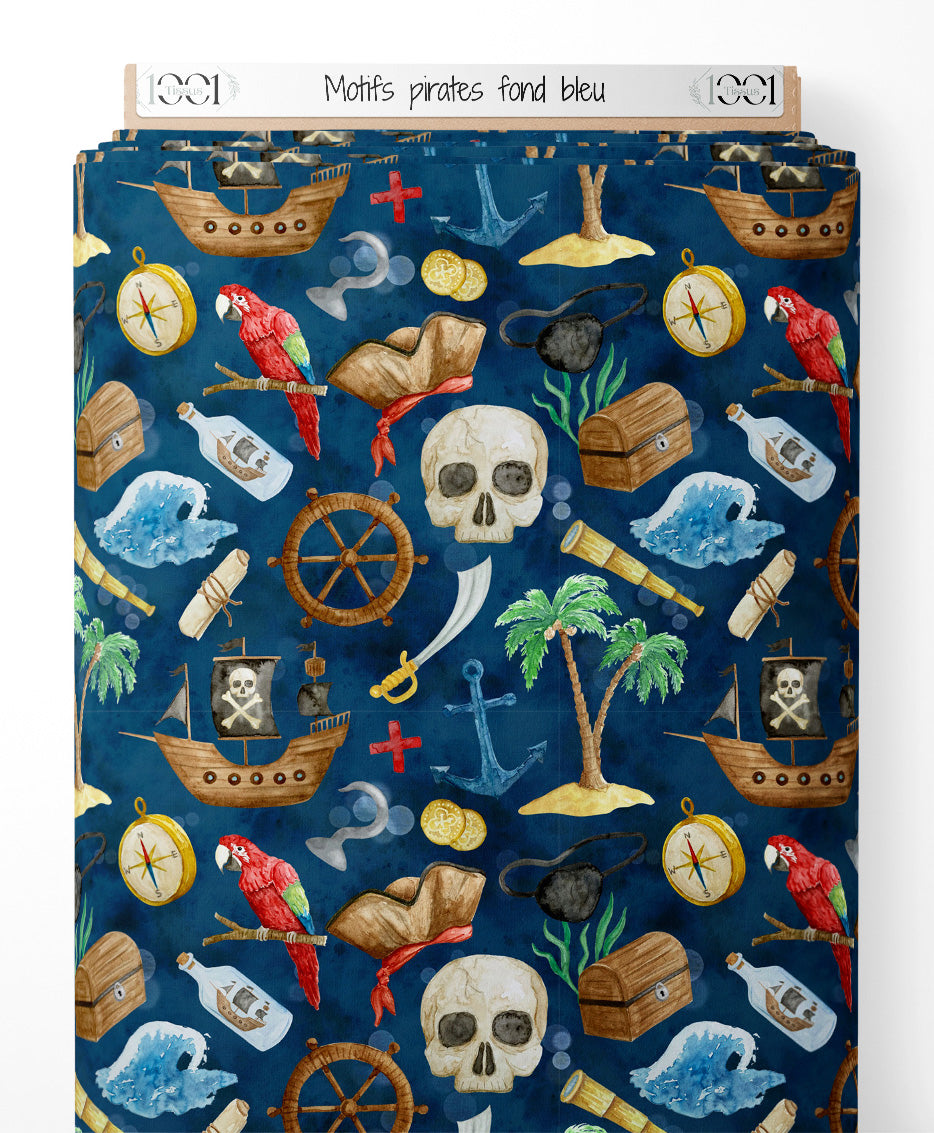 Tissu - Motifs pirates sur fond bleu