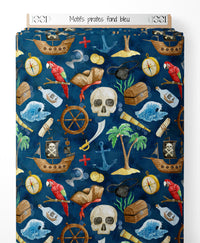 Tissu - Motifs pirates sur fond bleu