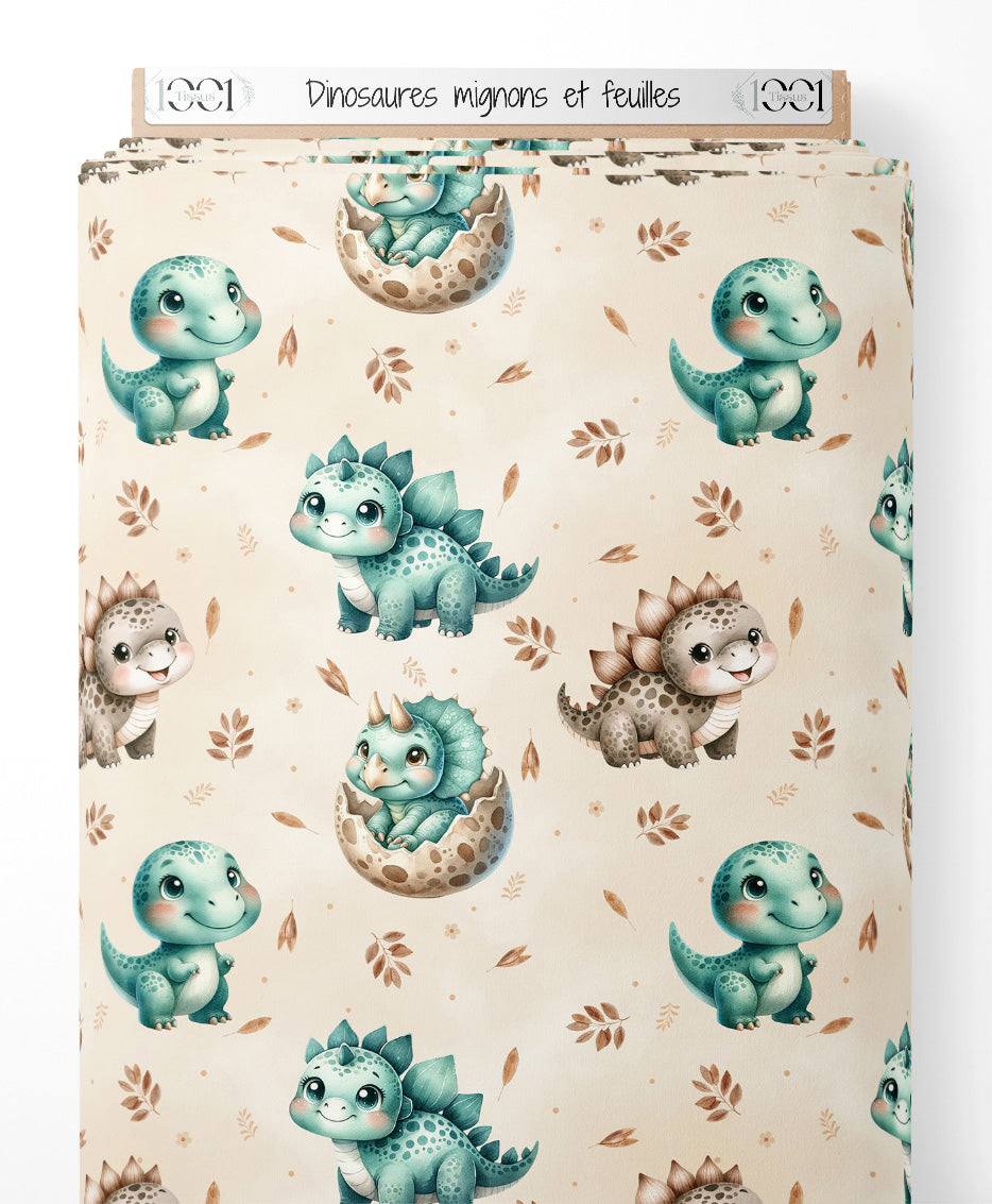 Tissu - Dinosaures mignons et feuilles