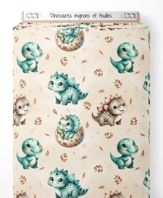 Tissu - Dinosaures mignons et feuilles