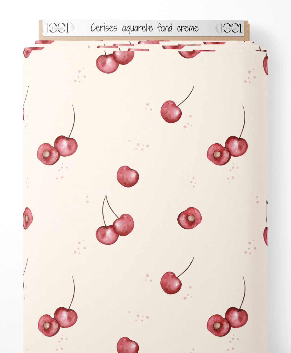 Tissu - Cerises aquarelle fond crème