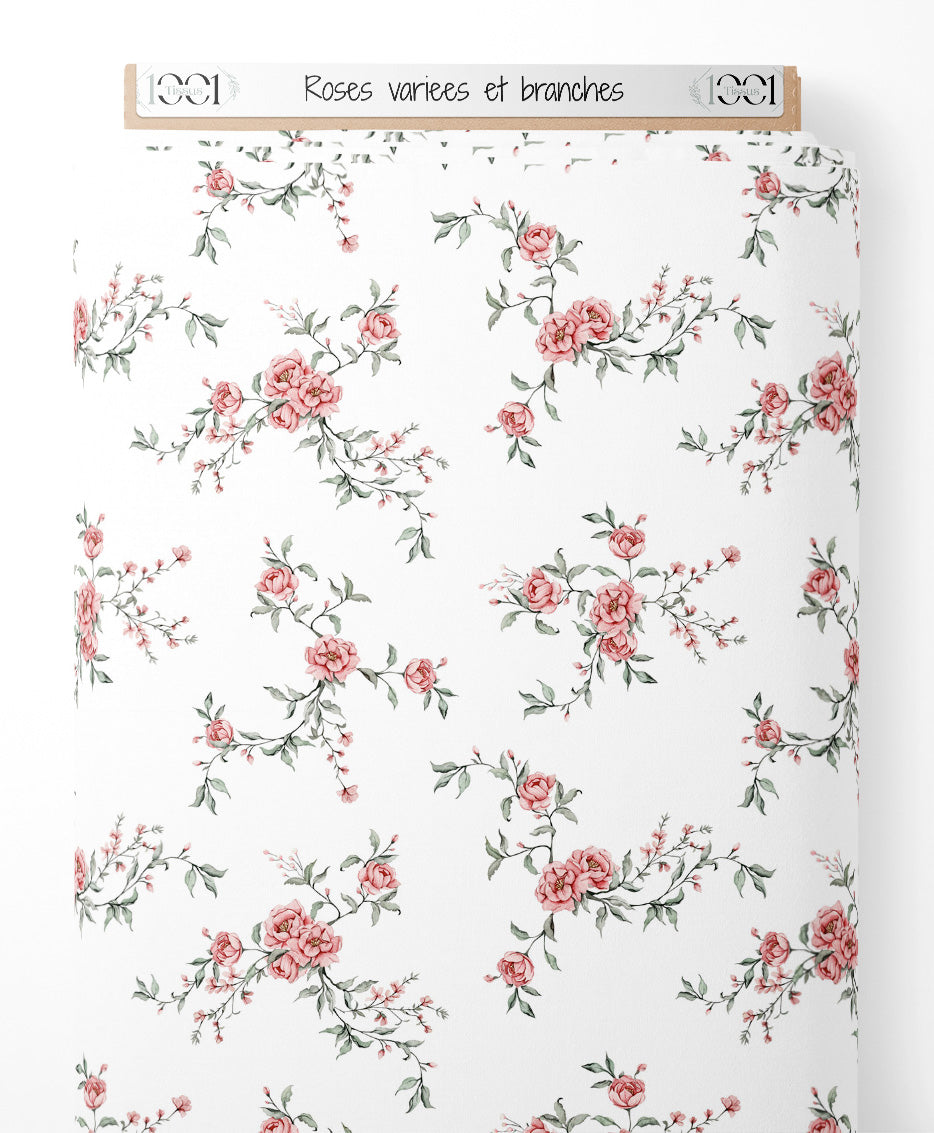 Tissu - Roses variées et branches