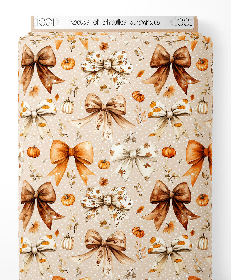 Tissu - Nœuds et citrouilles automnales