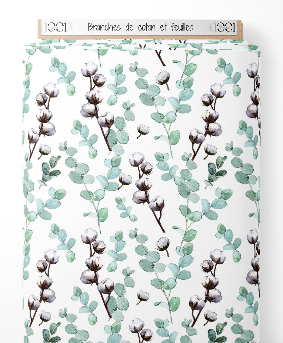 Tissu - Branches de coton et feuilles