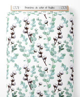Tissu - Branches de coton et feuilles
