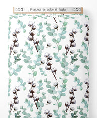 Tissu - Branches de coton et feuilles