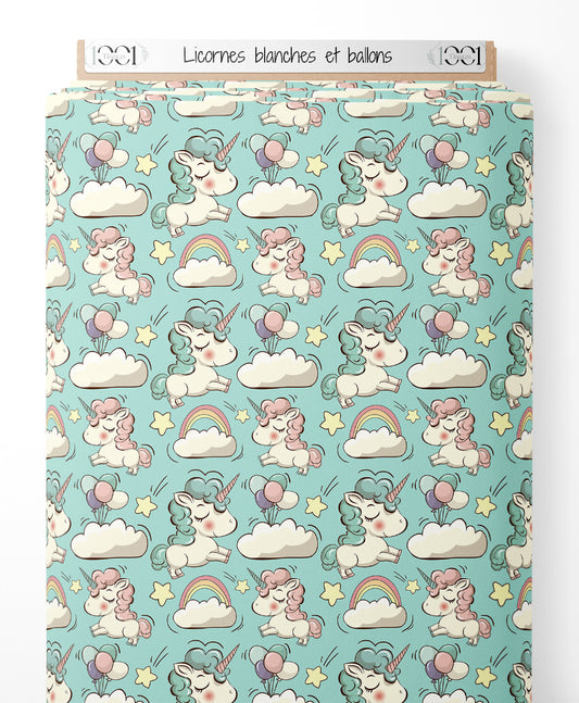 Tissu - Licornes blanches et ballons