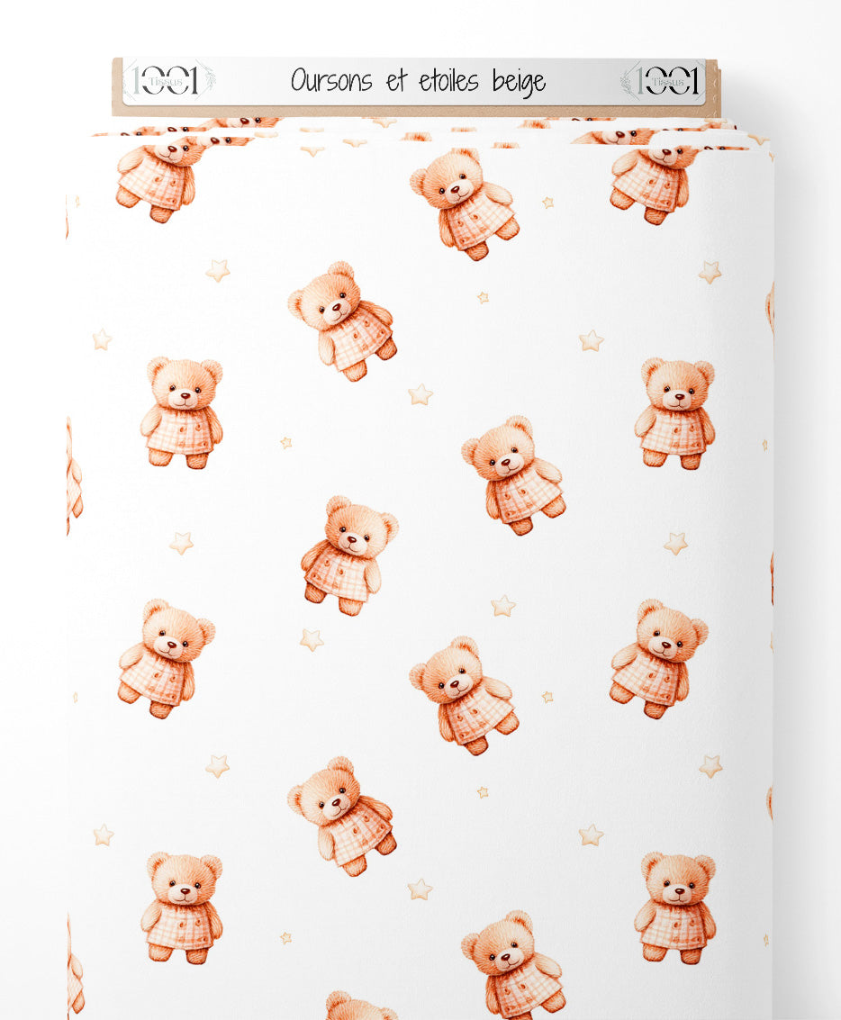 Tissu - Oursons et étoiles beige