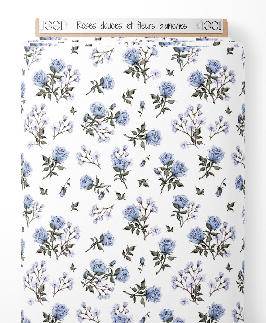 Tissu - Roses douces et fleurs blanches